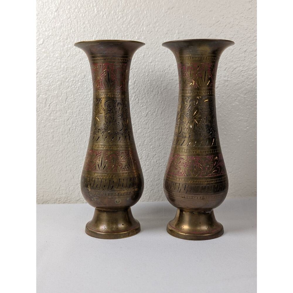 Vintage Pair of Etched Brass Vases with Red Enamel Detail - Made in India